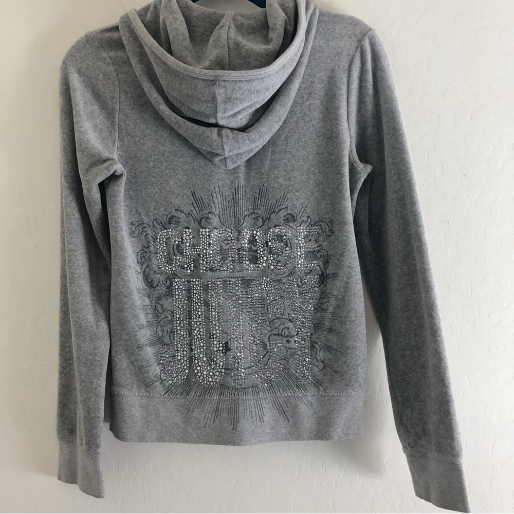 Juicy Couture ‘Choose Juicy’ Rhinestone Gray Velour Hoodie size Medium Y2K